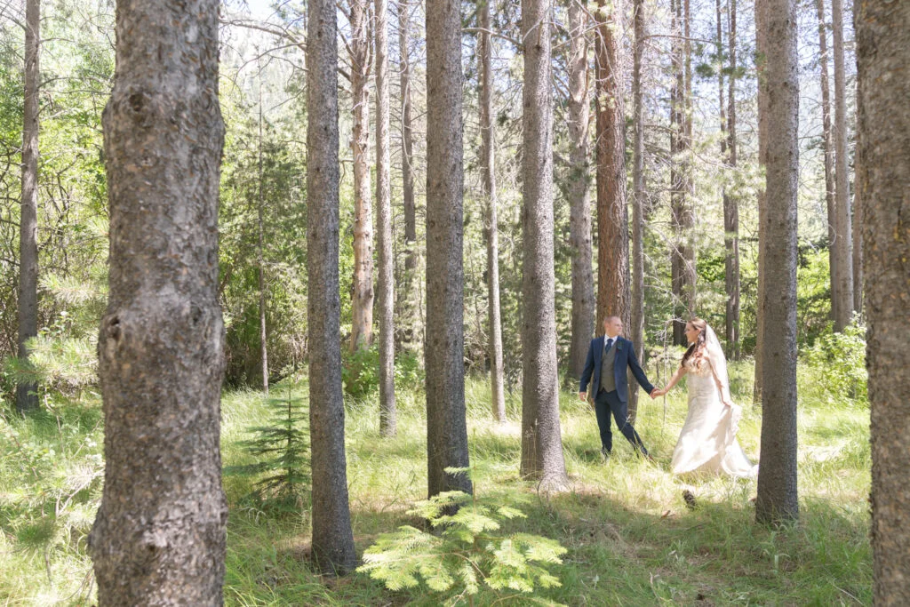 lake tahoe elopement couple walking through the forest holding hands